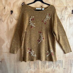 Vintage 90s Silhouettes Flower Embroidered Mustard Sweater Sz XL